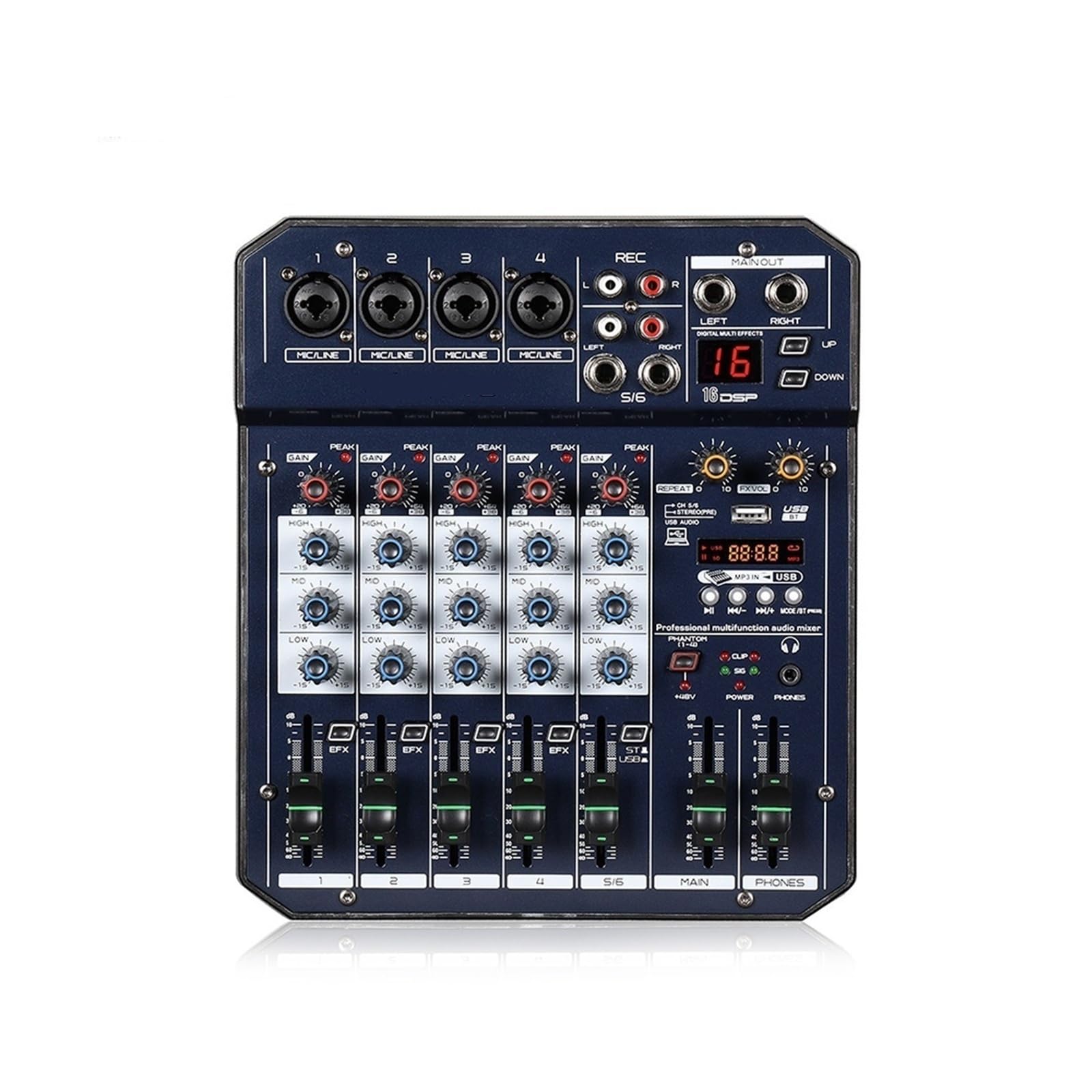 Mikser dźwięku, T4 Przenośna karta dźwiękowa Mikser konsolowy Wbudowane zasilanie Phantom 48 V Obsługuje odtwarzacz MP3 BT DJ Live Party Mixer(T6)