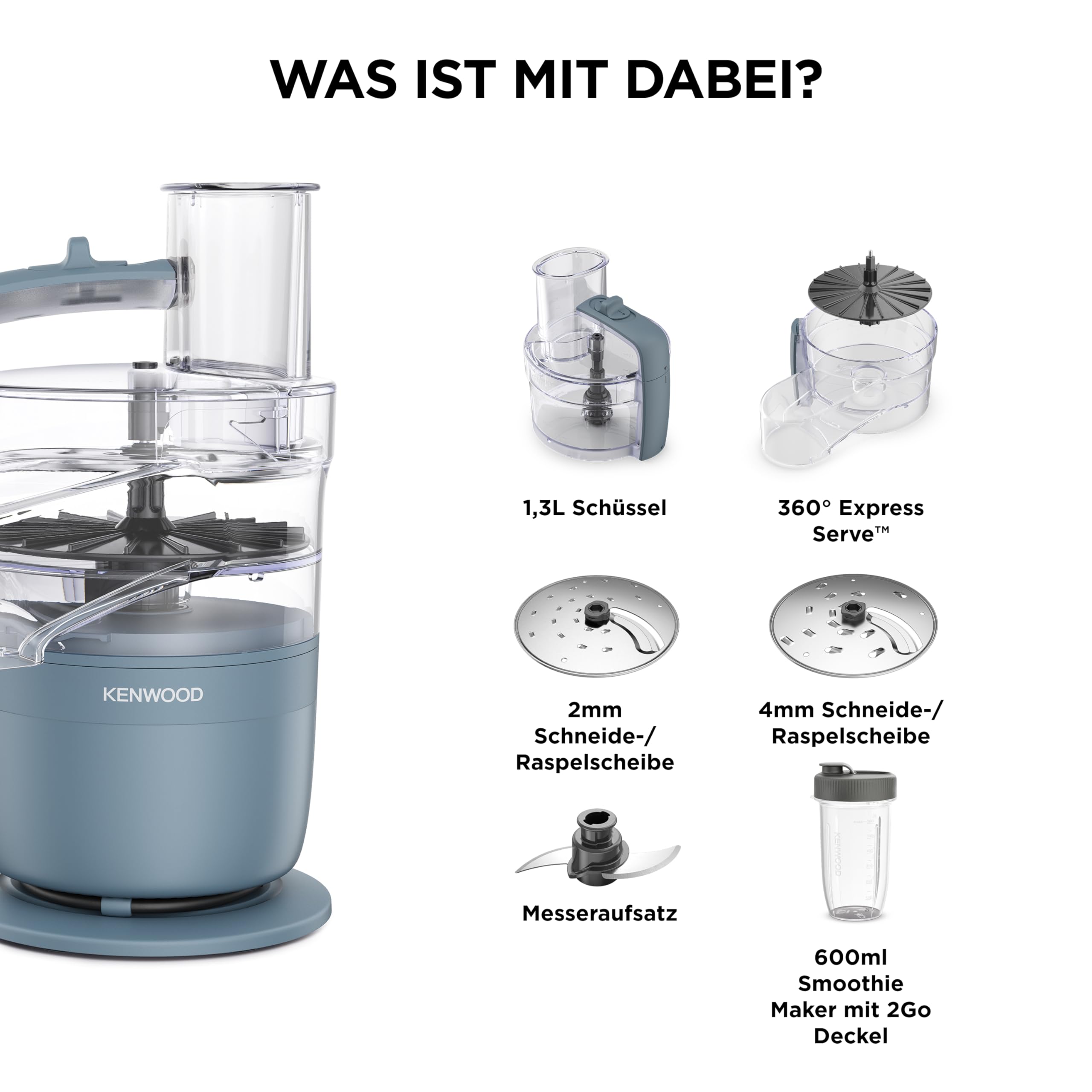 Kenwood MultiPro – Kompakte Küchenmaschine mit Express Serve, Edelstahlmesser, Schneid- und Raspelscheiben, 600-ml-Mixbecher, Pulse-Funktion, Blau (FDP23.380GY)