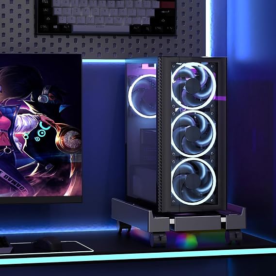 Pc Stand with Fan, Adjustable computer tower stand, Cpu Stand with 4 Rolling Caster Wheels,Fits Most PC Under Desk-Black