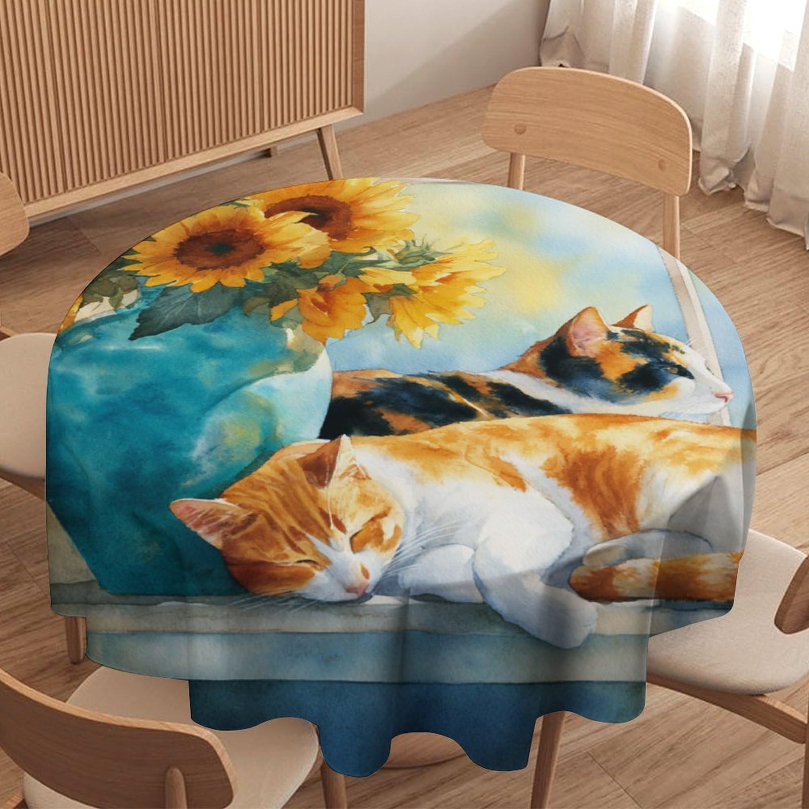 LUYYSKY Rustic Classic Cute Cats Waterproof Round Tablecloth Beautiful Abstract Spring Window Plants Sunflowers Animal Kittens Patt Washable Table Cover for Kitchen-127 Wx127 L cm