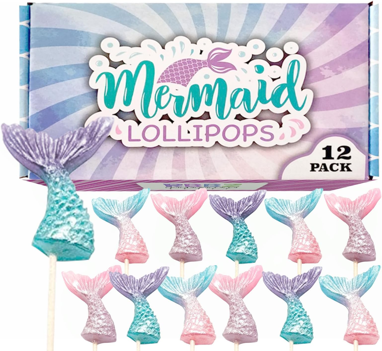 Mermaid Candy Lollipops - 12 Suckers Individually Wrapped - Great for Mermaid Party Favors - Goodie Bags for Kids Birthday - Candy Bar - Pretty Mermaid Tails Cupcake Toppers