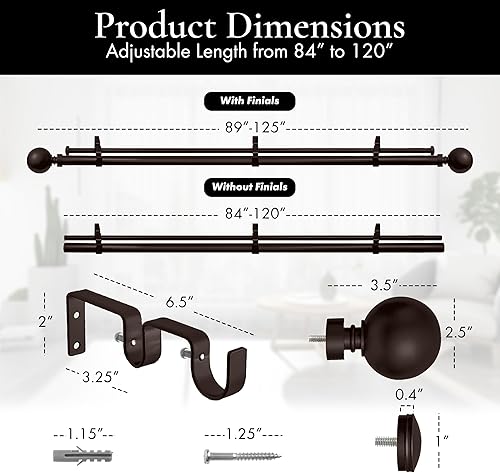 Miniatura 3 de Meriville Barra de cortina telescópica de doble ventana de 1 pulgada de diámetro, 84 a 120 pulgadas, bronce aceitado