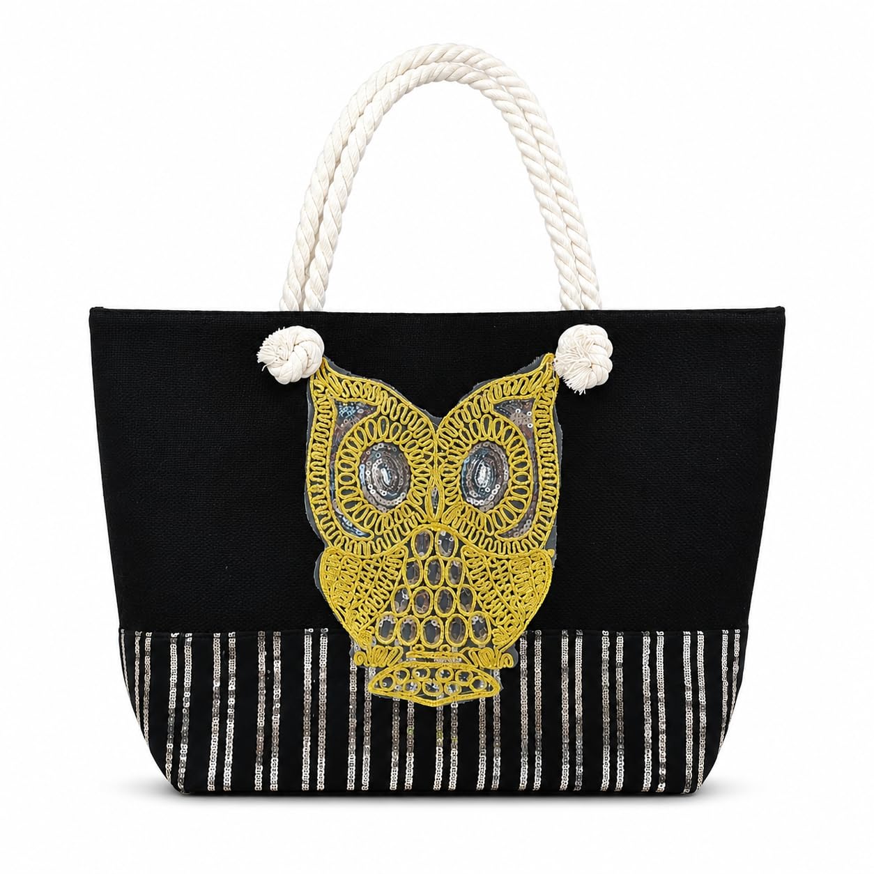 Women's Large Canvas Tote Bag with Rope Handle & Zipper Closure | Premium Embroidered Owl Design Handbag | Stylish Shoulder Bag for Travel, Shopping, Office, Beach & Daily Use | Black