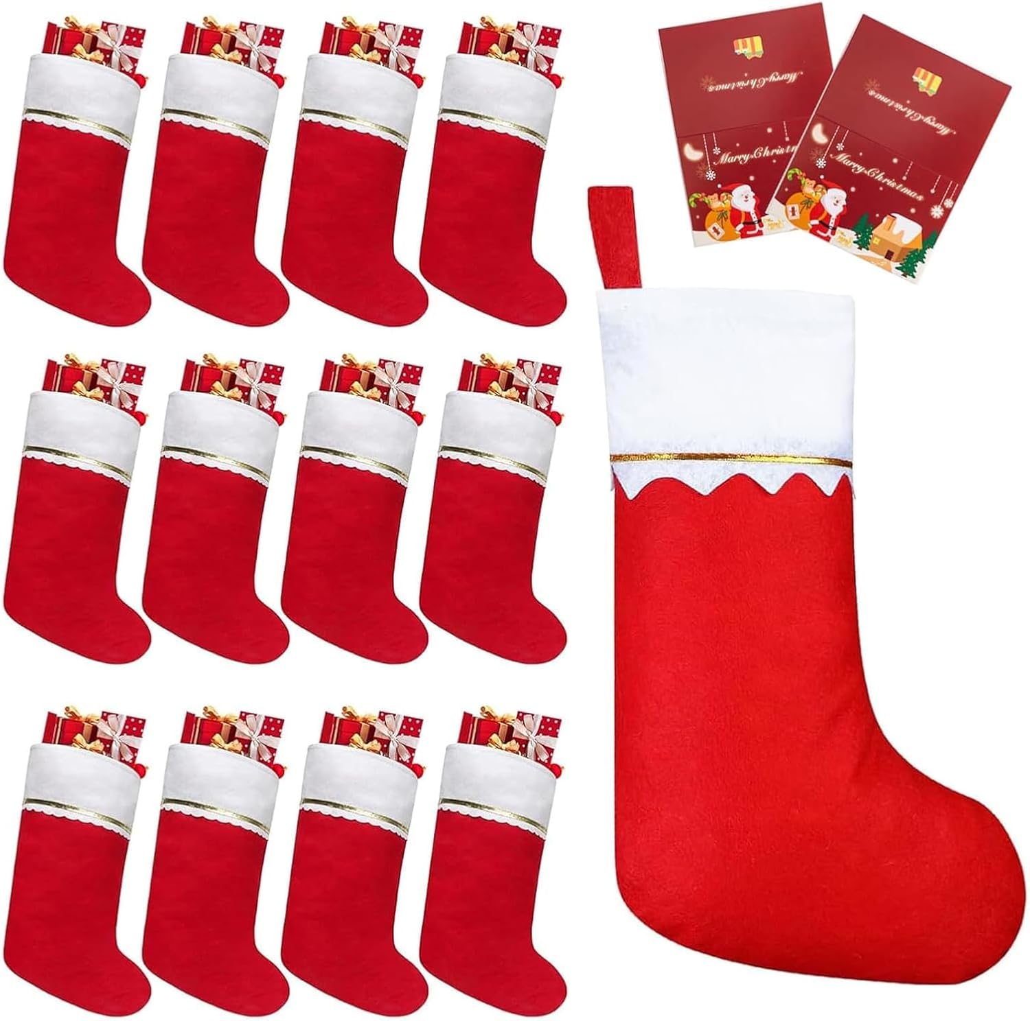 12 Pcs Felt Christmas Stockings 15 Inch Party Favors Stockings Xmas Decoration Stockings Rustic Christmas Santa Stockings for Christmas Holidays Home Decorations(2 Cards)