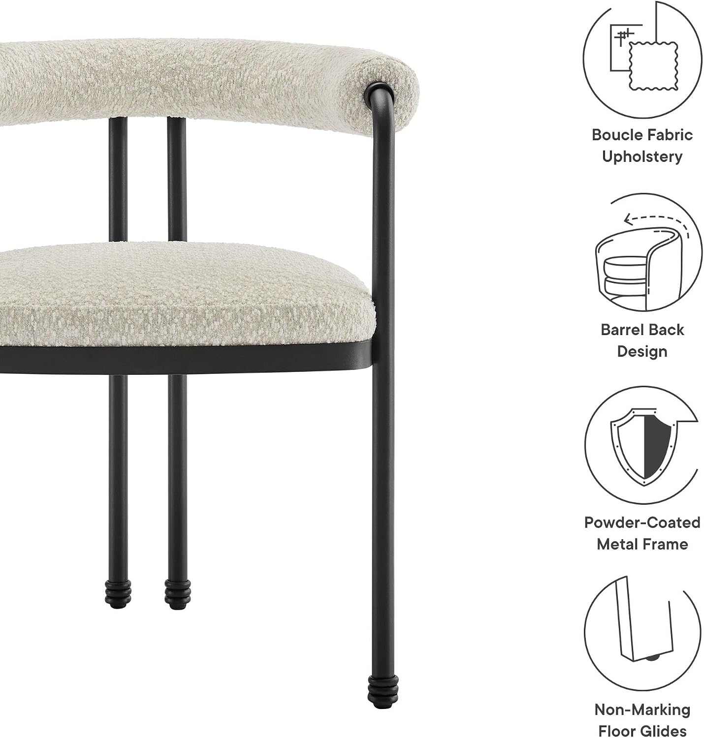 Modway Turin Boucle and Metal Dining Chair in Black Pearl – Upholstered Modern Barrel Armchair with Open Design – Curved Back Accent Chair