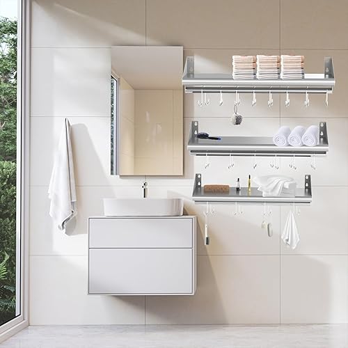 Miniatura 7 de Skyflame Estante de acero inoxidable de 12 x 24 pulgadas con 4 ganchos, estante de almacenamiento flotante montado en la pared para restaurante,