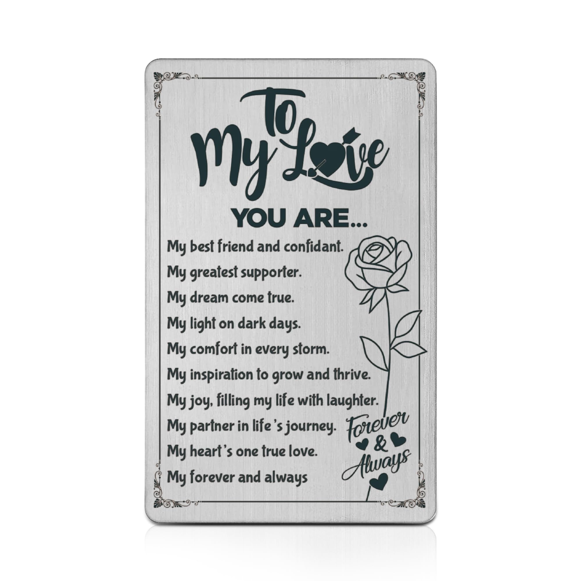 To My Love Metal Wallet Card - Romantic Gift for Him or Her - Stainless Steel Keepsake with Hearts, Rose & Sentimental Words - Perfect for Gift for