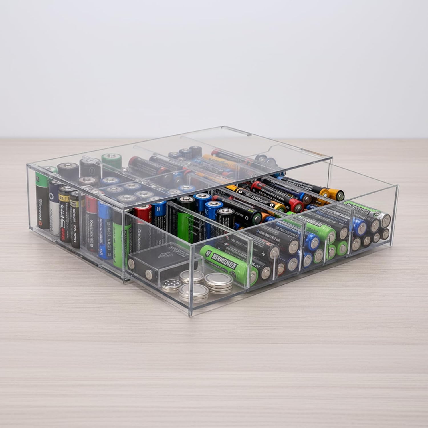 Battery Storage Organizer,Acrylic Battery Holder Organizer with Handle,4 Compartments Battery Storage Case,Battery Storing Box for AA,AAA,C,9V,D,Batteries, (Clear)