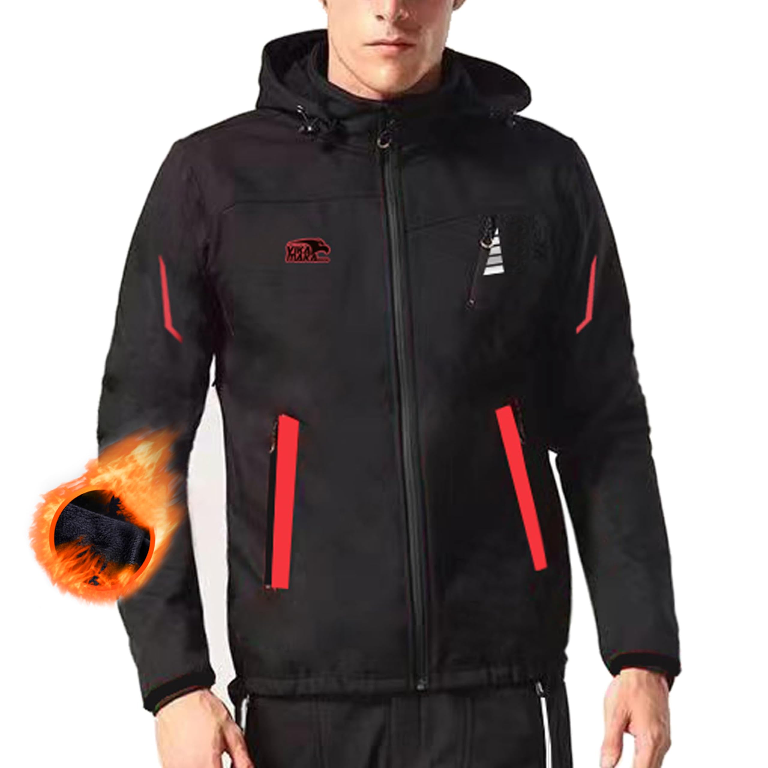 Men's Thermal Fleece Cycling Jacket with Hood, Winter Waterproof Reflective Softshell Jacket Warm Outdoor Hiking