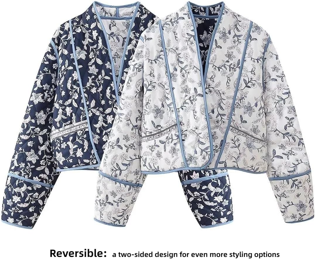 Omoone Women's Cropped Floral Reversible Quilted Jacket Cardigan Printed Lightweight Open Front Padded Puffer Coat - Image 3