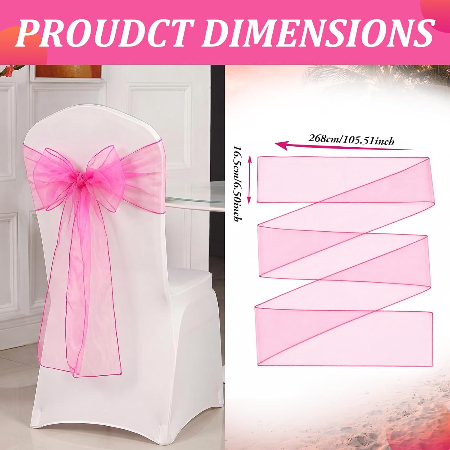 12 Pcs Pink and Orange Chair Sashes Bows Pink and Orange Sunset Party Decorations Sunset Soiree Decor for Wedding Banquet Party Baby Shower Garden Events Decoration, 105.5 x 6.5 Inch