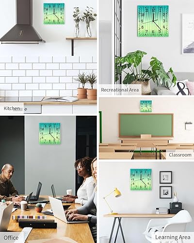 Miniatura 5 de Green Ombre Wooden Wall Clock Silent Non Ticking, Summer Ripple Geometric Yellow Abstract Art Square Wall Clock Battery Operated, Decor Clock for