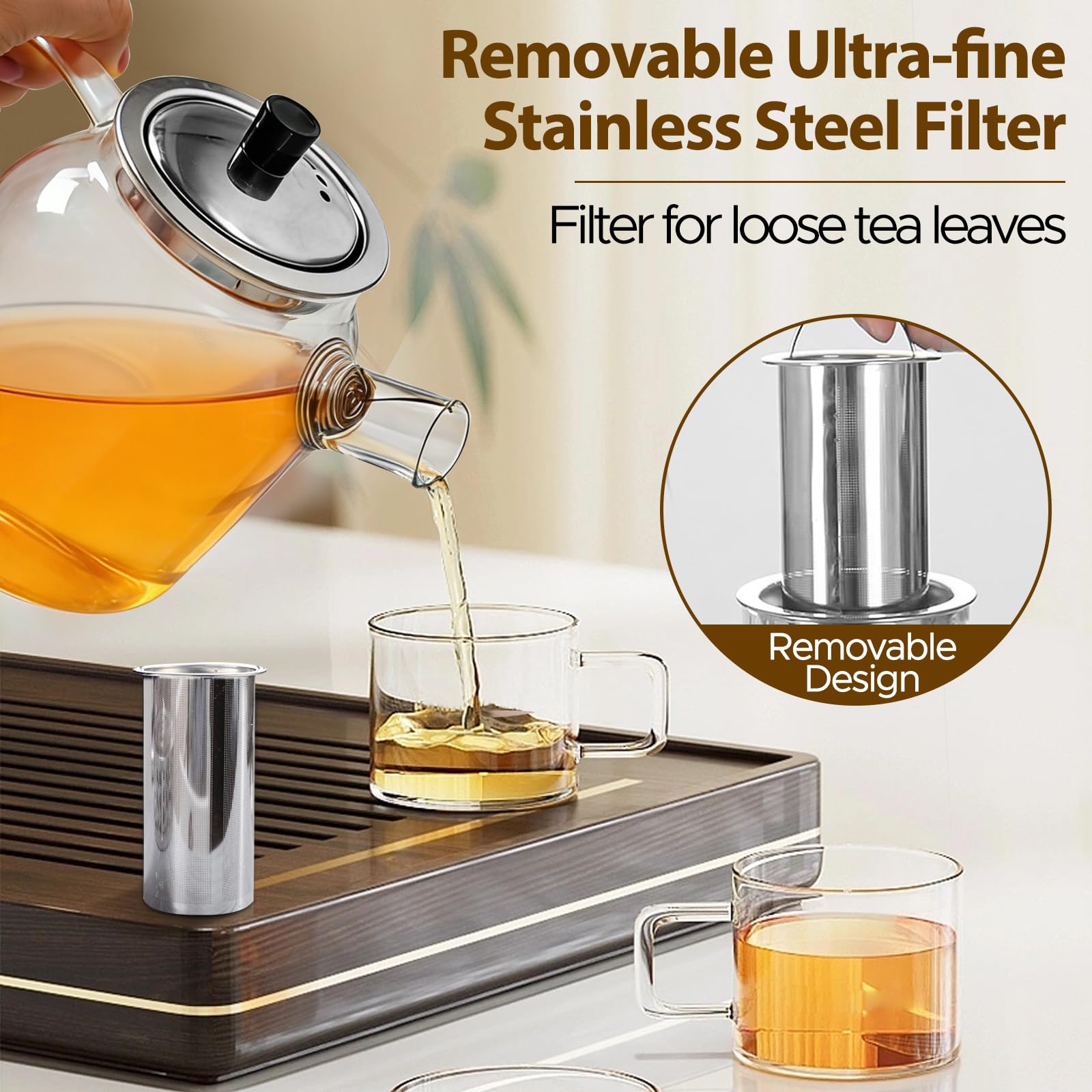 1800 ml Teekanne Mit Siebeinsatz Und Stövchen，Glasteekanne mit Abnehmbare Edelstahl-Sieb Warmhalteuntersetzer Rostfrei Hitzebeständig für Schwarzen Tee Grüner Tee Fruchttee Duftender Tee Teebeutel