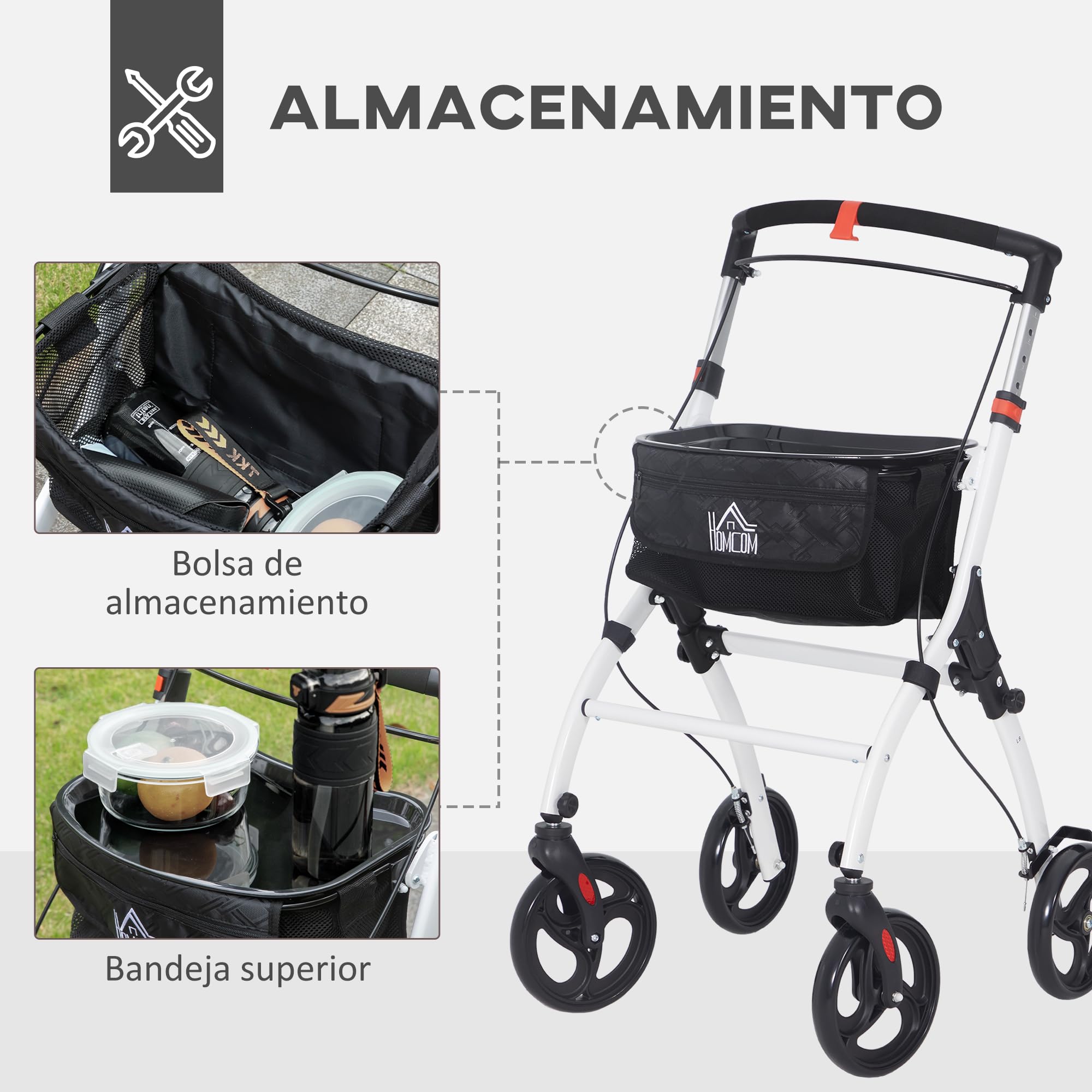 HOMCOM Andador para Ancianos Plegable de Aluminio con 4 Ruedas Blanco | Andador para Personas Mayores, Bandeja, Altura Ajustable, Frenos de Maneta, Bolsa de Transporte