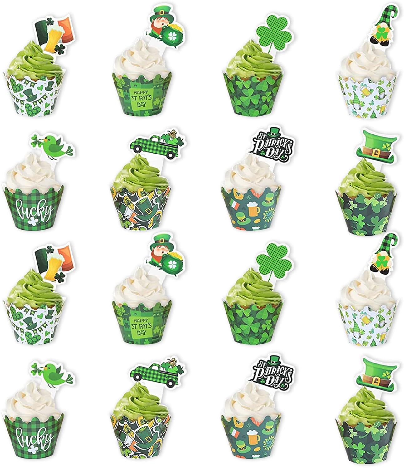 16Pcs St Patrick's Day Cupcake Toppers and Wrappers, Shamrock Leprechauns Irish Flag