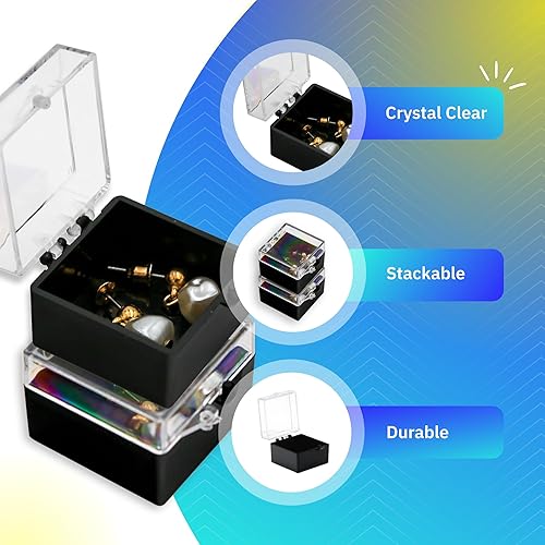 Miniatura 4 de 50 cajas de plástico duro con tapa con bisagras con fondo negro, 1 pulgada de largo x 1 pulgada de ancho x 0.75 pulgadas de alto, fabricadas en los