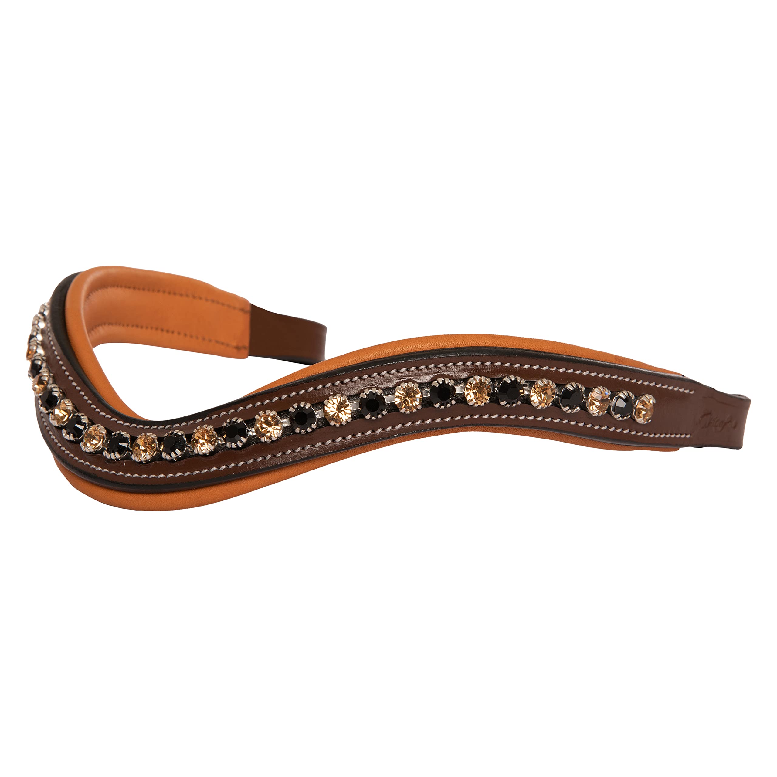 Exion Curved Crystal Browband for Horses – Soft Padded Bling English Bridle Brow Band | Dressage, Show, Jumping | Black, Brown | Black & Golden Crystal Browband For Horses — image 1