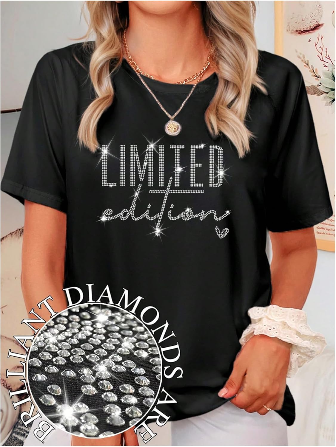 SweatyRocks Women's Plus Size Bling Rhinestone T Shirts Short Sleeve Crew Neck Y2K Tops - Image 2