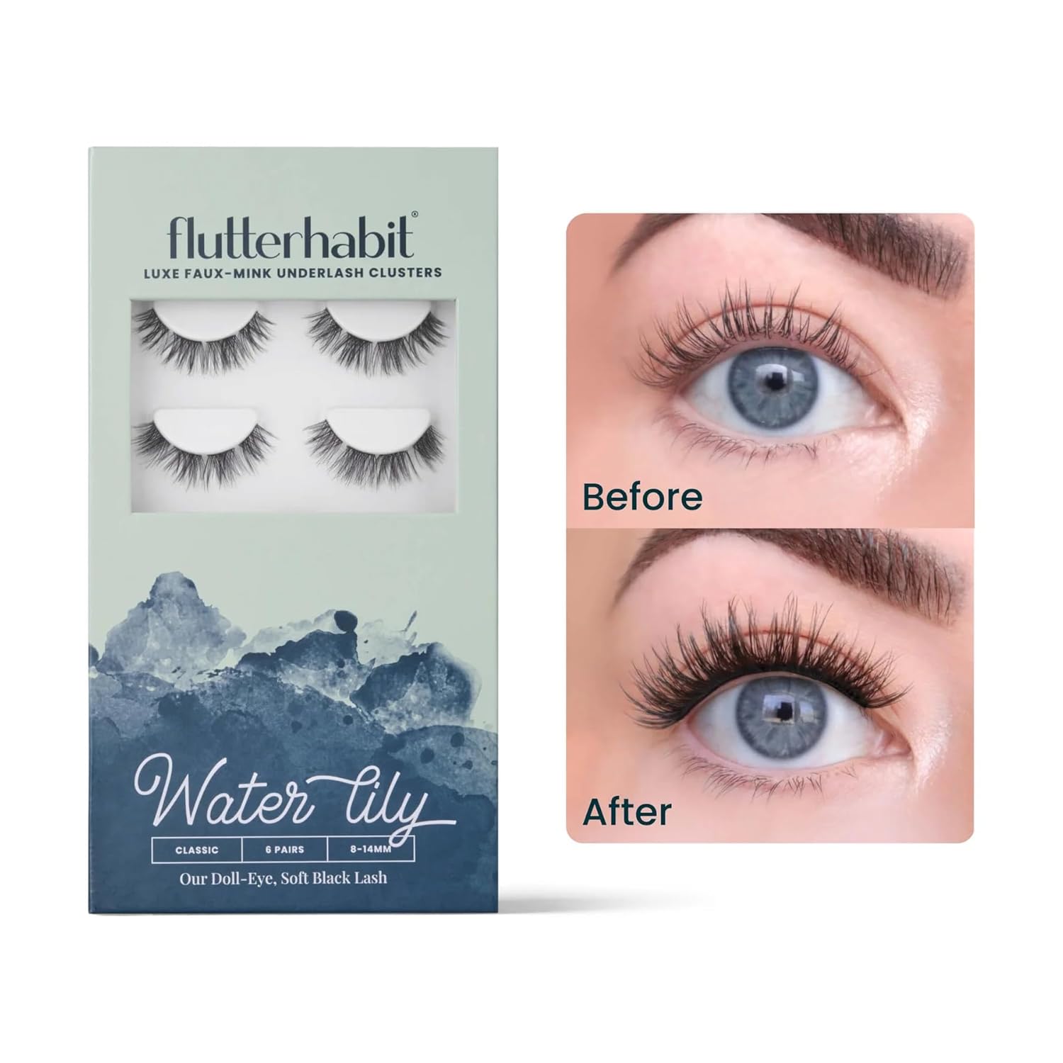 FlutterHabit Water Lily Lash Clusters: Salon-Quality DIY Eyelash Extensions, 6 Sets for Natural Doll-Eye Look, Water-Resistant, Glue Separate