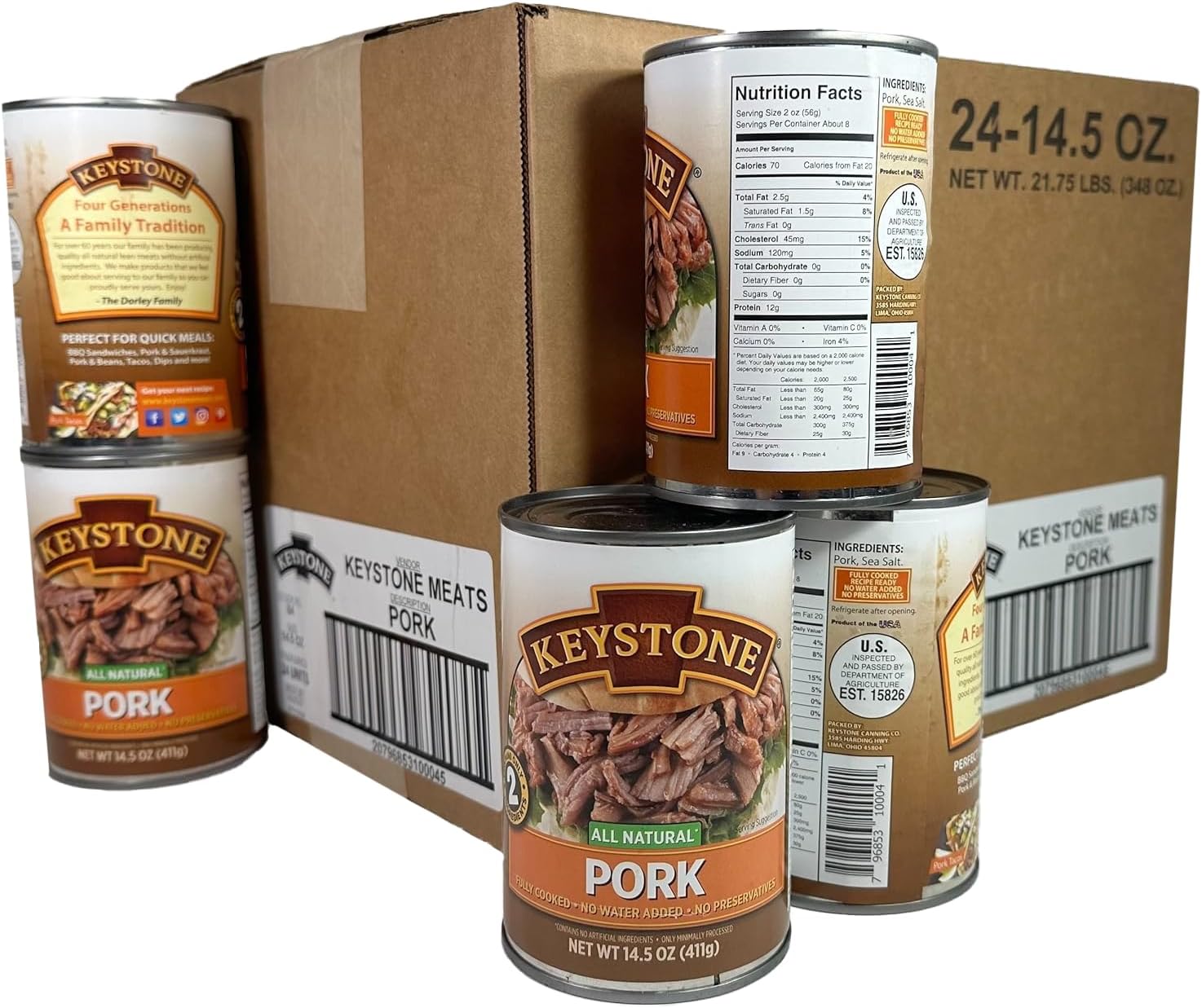 Keystone Meats All Natural Heat and Serve Canned Pork, 14.5 oz – Fully Cooked and Ready to Eat – Shelf Stable for 5 Years – Canned Meat for Everyday Meals, Emergency Survival Food, and Long-Term Storage – Gluten-Free, No Carbs, Non-Perishable – Made in USA – Pack of 24