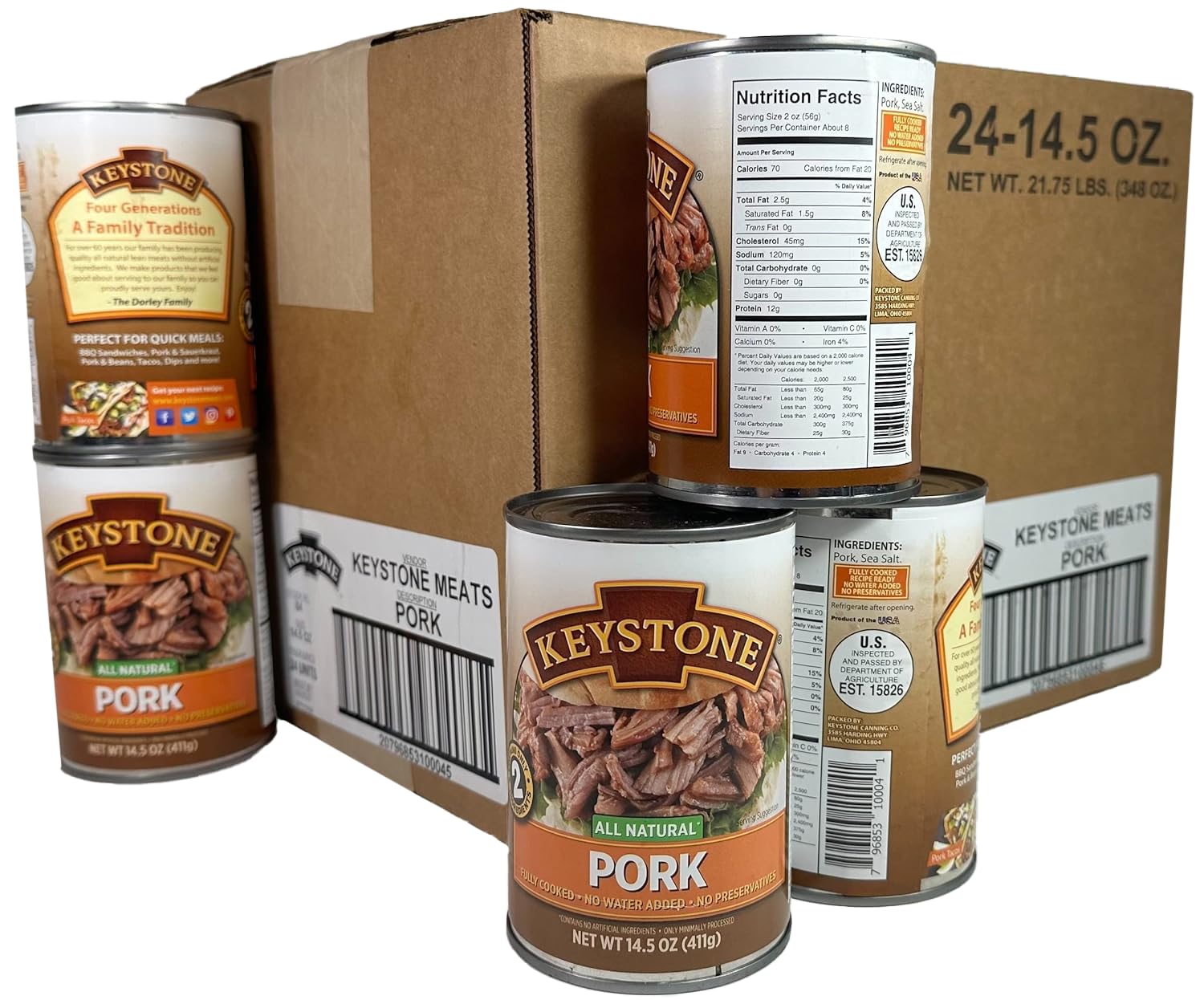 Keystone Meats All-Natural Family-Size Canned Meat – Pork 14.5 oz & Beef 14.5 oz, Fully Cooked, Ready to Eat Emergency Food Bulk Pantry Staple (48 Cans)
