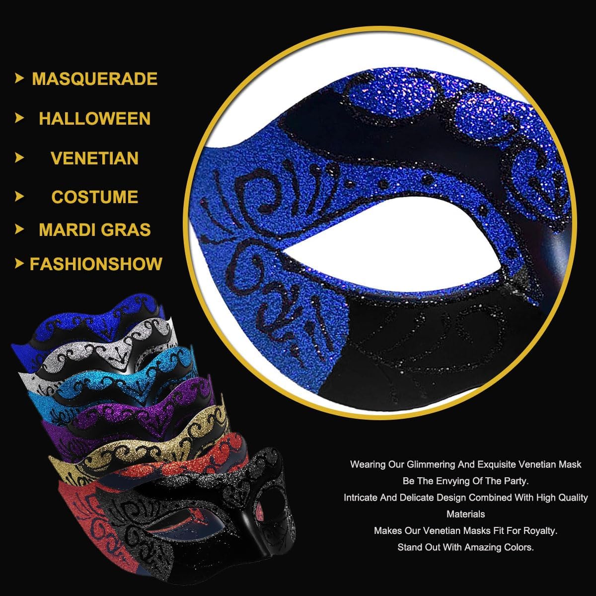 Masquerade Mask for Women Men Couple Venetian Mask Vintage Retro Mask for Halloween Costume Party Mardi Gras (Black Blue) - Image 2