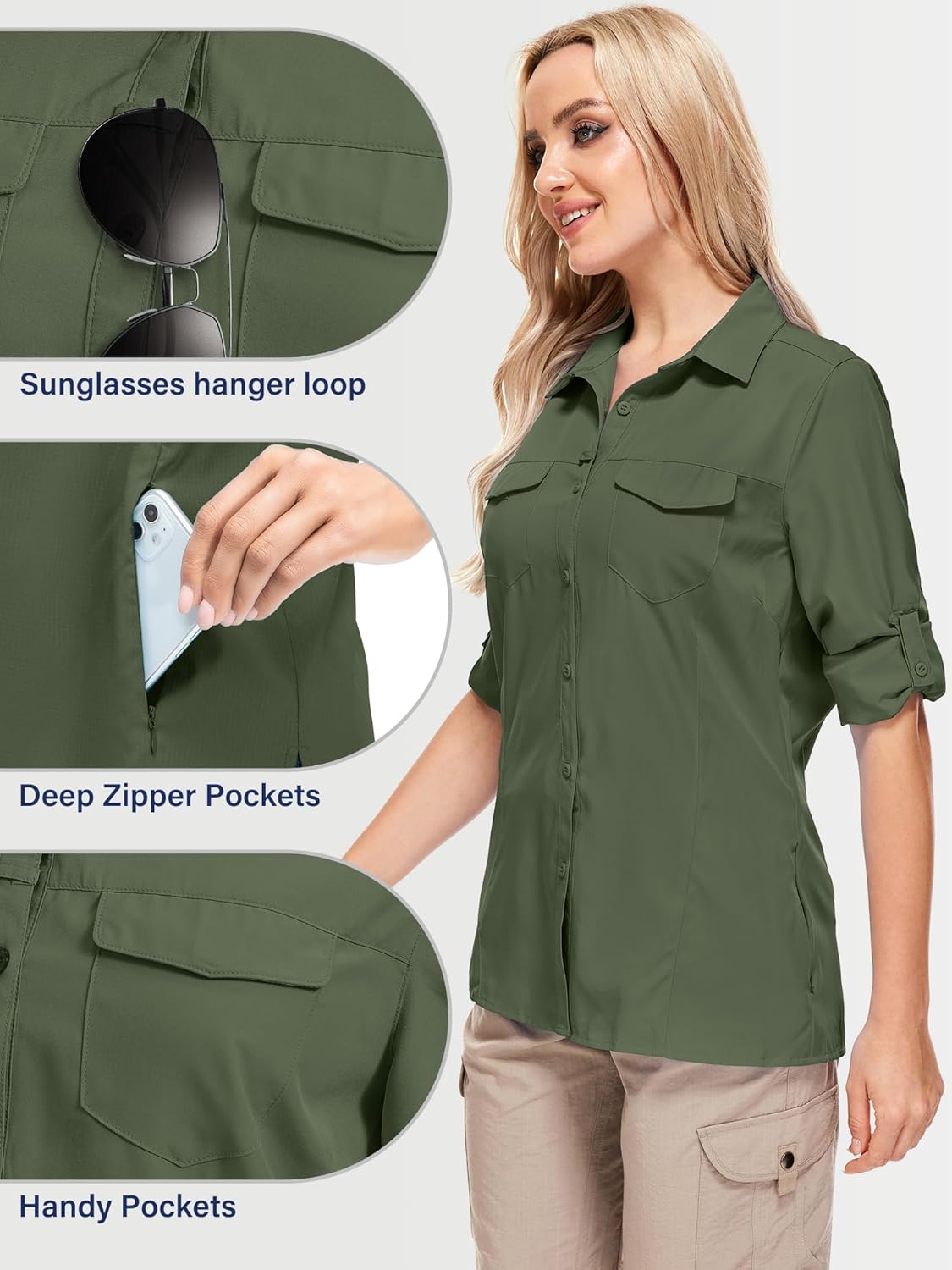 Women's UPF 50+ UV Sun Protection Shirts Long Sleeve Fishing Hiking Shirt Cool Lightweight Travel Safari Shirts 5073,Army Green,3XL - Image 4