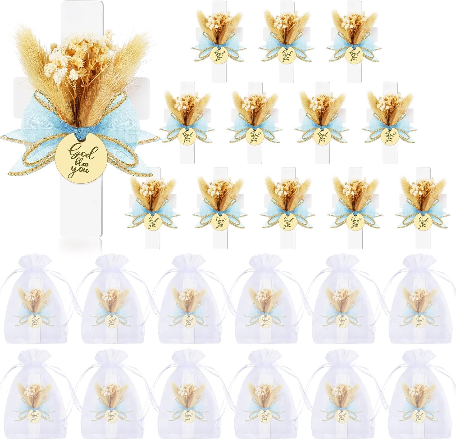 24 Sets Baptism Party Favors for Guests First Communion Favors,Wooden Cross Baptism Magnet with Flowers for Bless Baby Shower Party, Christen Gift,Gender Reveal, (Blue, 24)