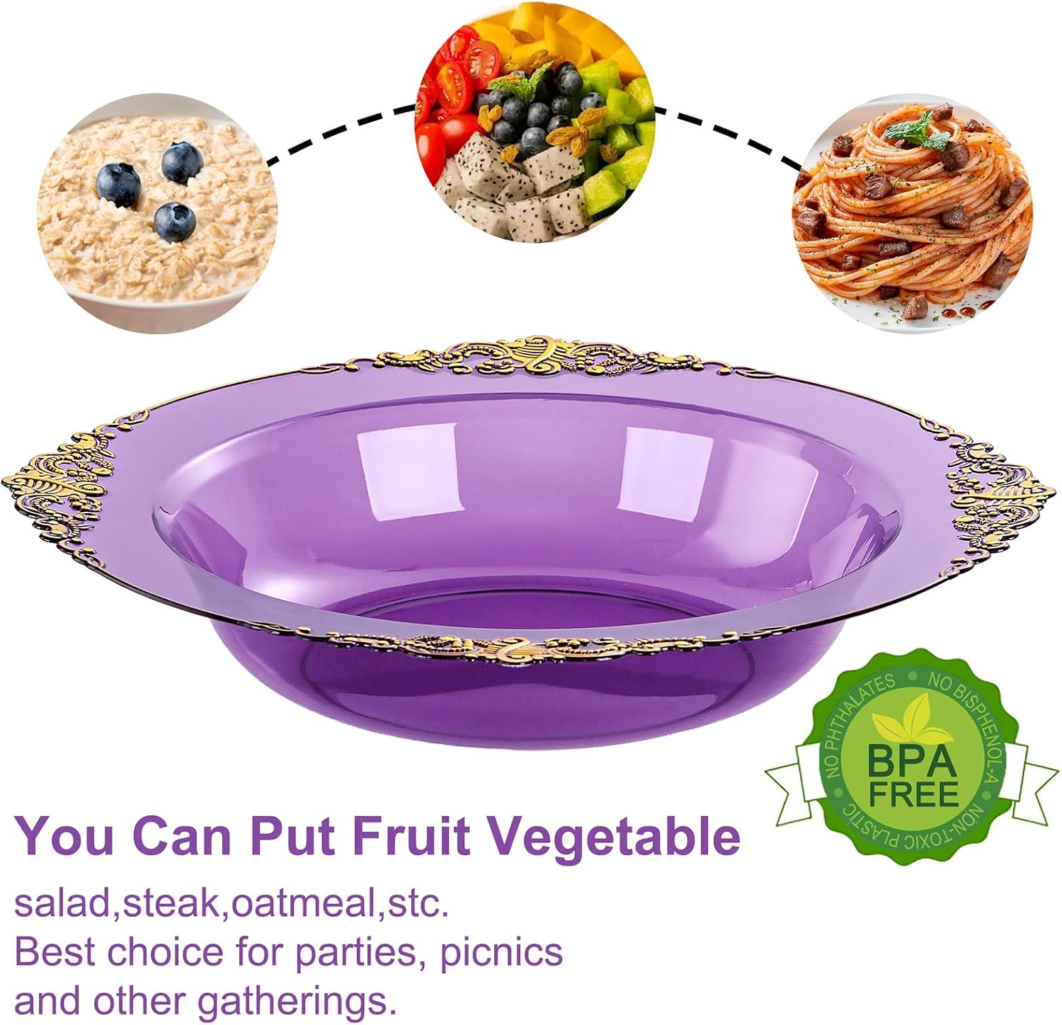 Nervure 200Pcs Clear Purple Plastic Bowls with Cutlery - 12oz 50Pcs Disposable Soup Bowls and 150Pcs Disposable Silverware, Service for 50 Guests Perfect for Weddings, Parties and Everyday Use