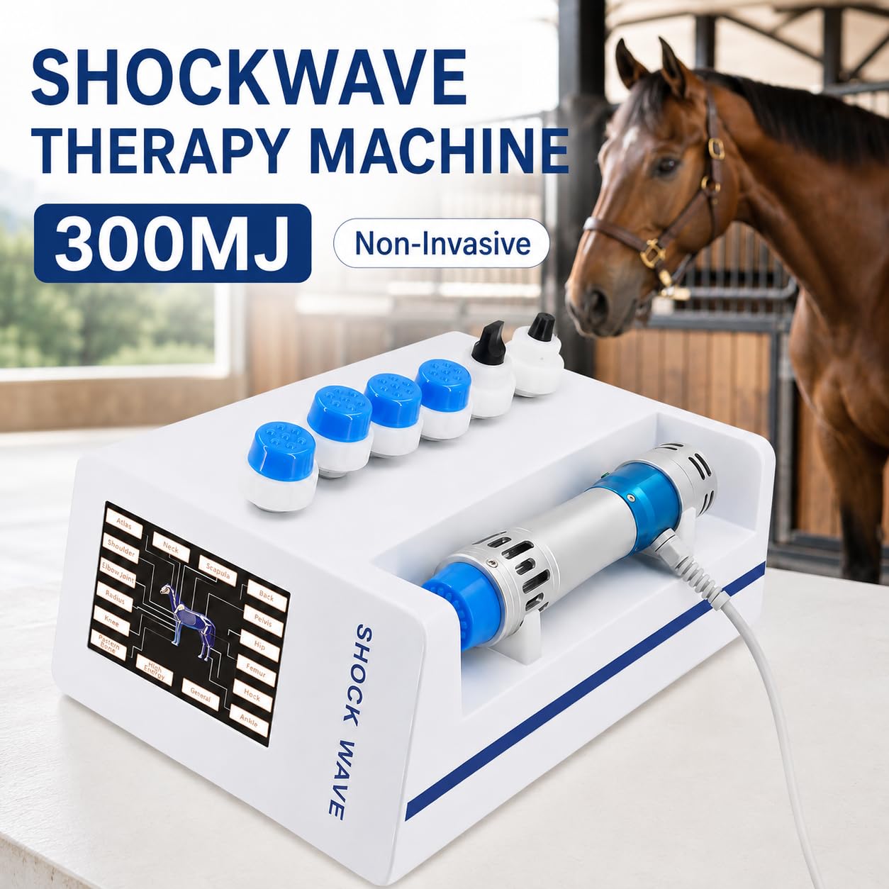 Shockwave Therapiegerät für Pferde, 7 Köpfe, 30 Energieniveaus