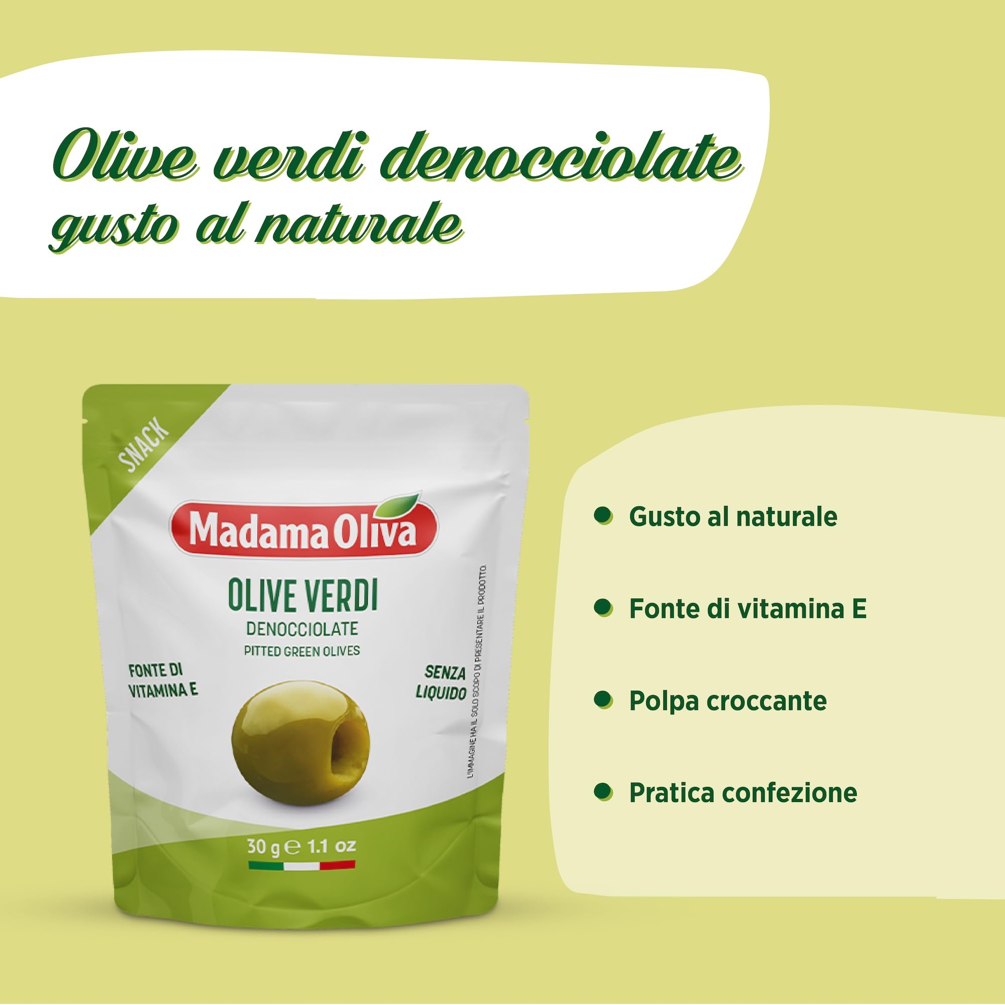 MADAMA OLIVA, Olive Verdi Denocciolate dal Colore Verde Intenso e Gusto Deciso, 100% Made in Italy, Senza Conservanti Aggiunti, 100% Vegetale, Box da 20 Buste in Alluminio da 30 gr
