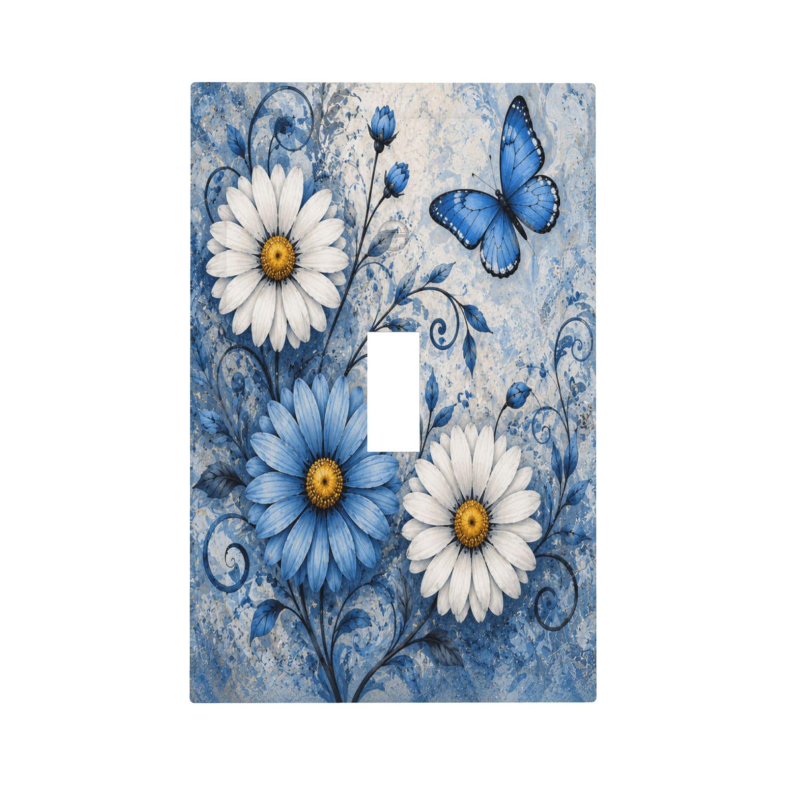 Xuejiaku Decorative Switch Plate Cover White Blue Daisy Floral & Butterfly Single Toggle Light Switch Covers 1 Gang Outlet Covers Wall Plate Vintage Watercolor Flower Switchplate Faceplate Home Decor