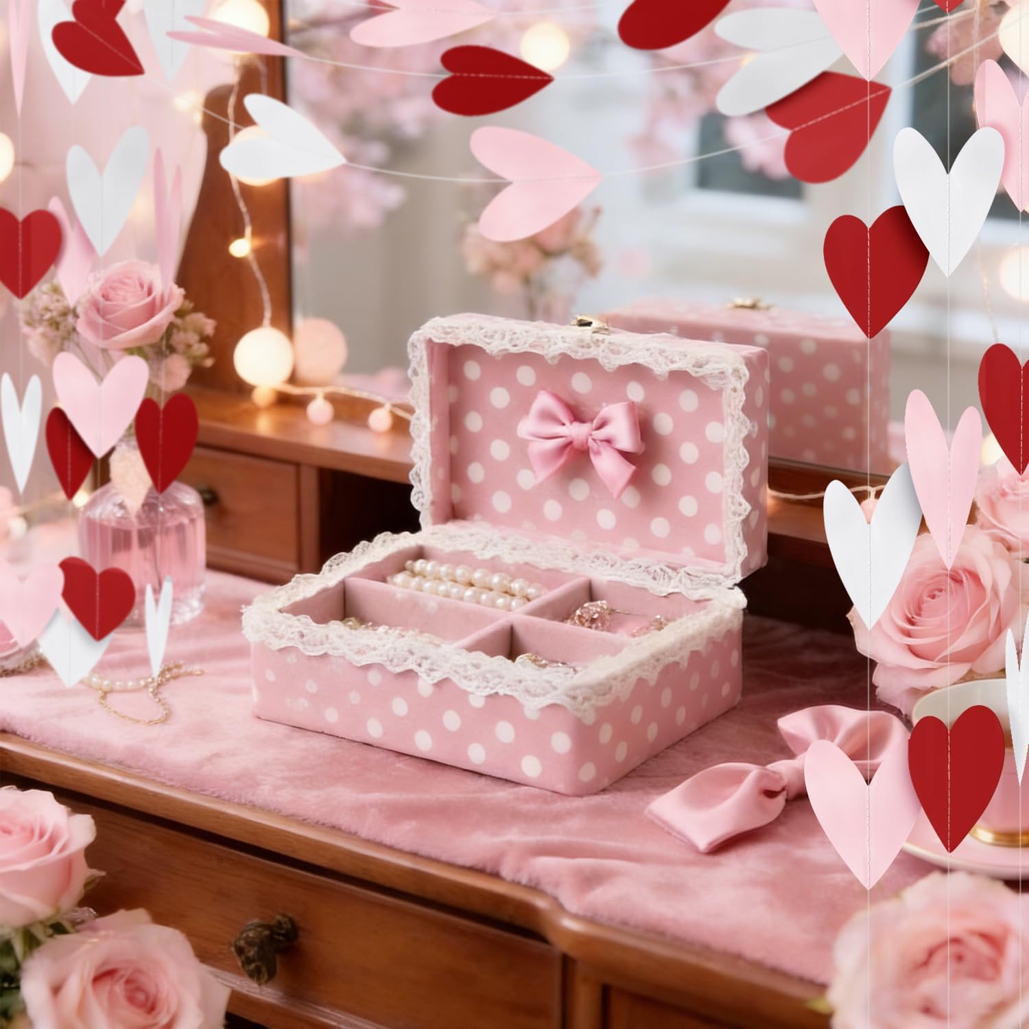 8 Pack Red Pink White Heart Garland Valentines Day Party Decorations Heart Paper Streamers Banner for Wedding Proposal Engagement Birthday Party Supplies