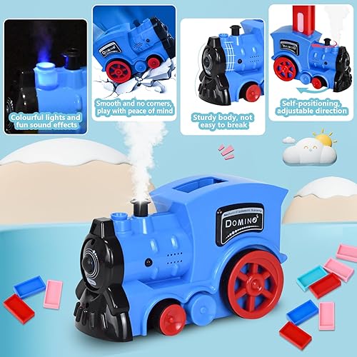 Miniatura 3 de Neragron Domino Train, juego de tren de dominó automático de 200 piezas con vapor, efectos de sonido de iluminación (azul)
