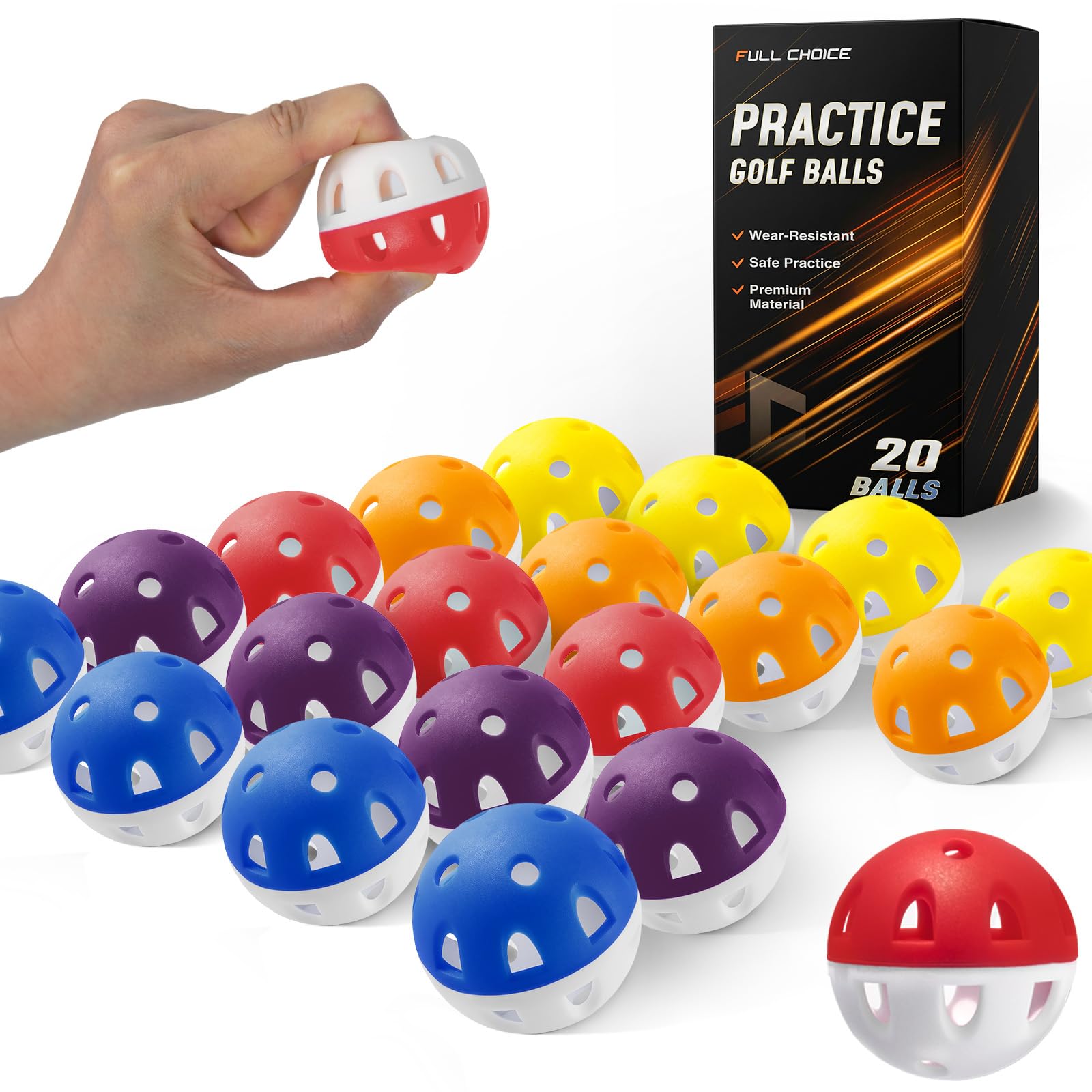 Full Choice Limited Flight Practice Golf Balls 20 Pack, Wear-Resistant Training Balls, High Visibility 5 Colours for Indoor Outdoor Practice, Father’s Day Golf Gift for Dad — image 1