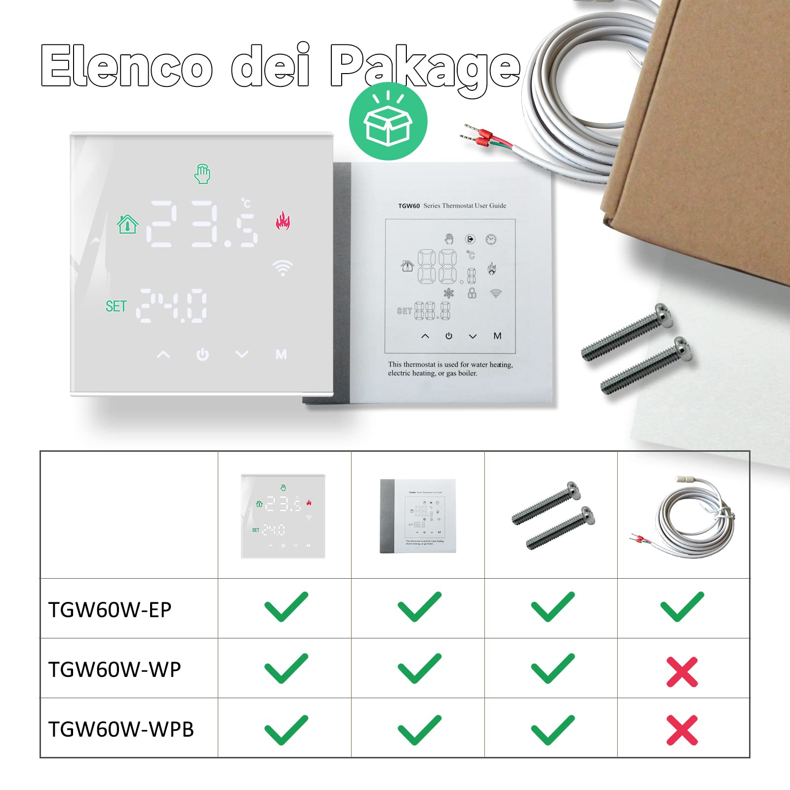 Termostato wifi caldaia a gas,Termostato programmabile settimanale intelligente，termostato controllo con Tuya samrt compatibile con Google Assistant e Alxe,Termostato ambiente digitale TGW60W-WPB
