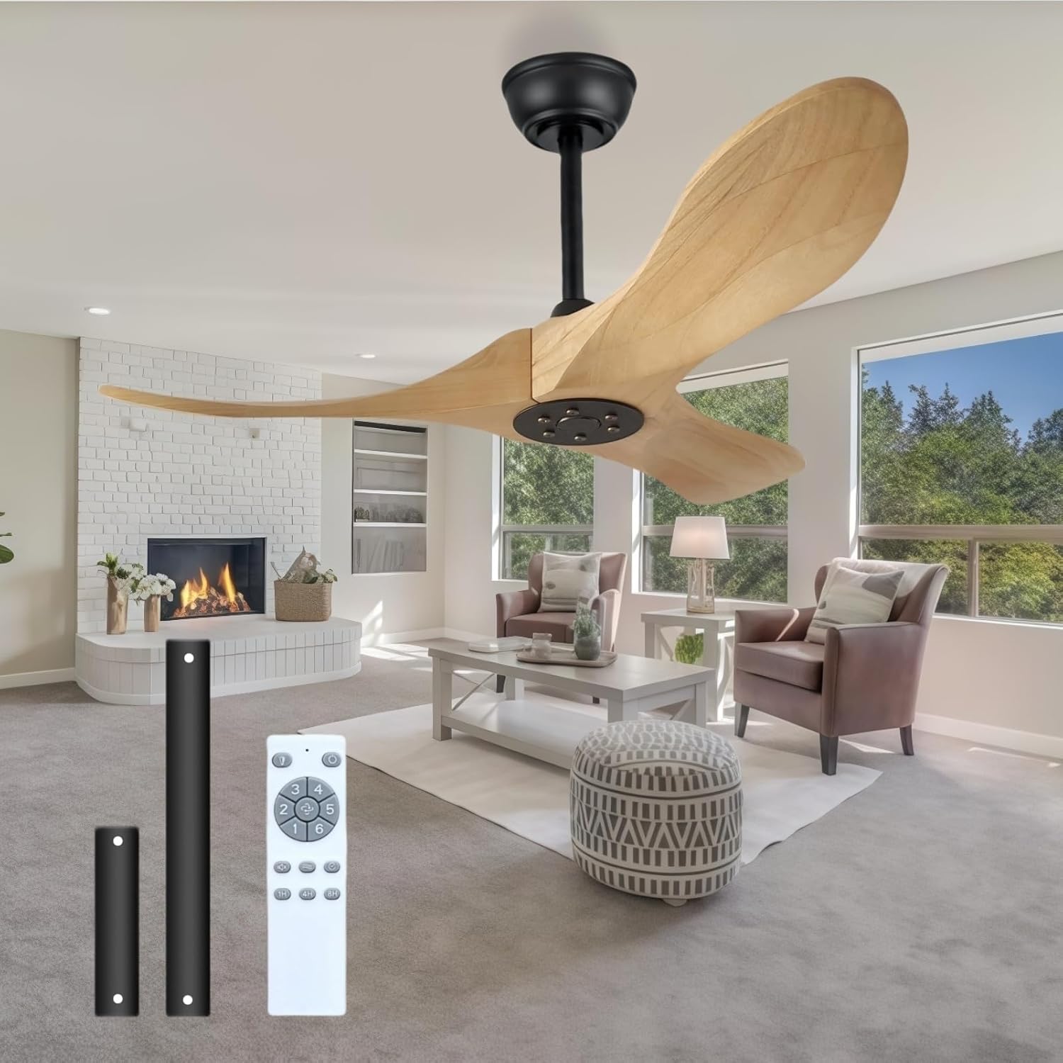 36 Inch Modern Ceiling Fan，3-Blade Lampless Remote Control Ceiling Fan for Bedroom, Kids Room Small Spaces(Natural Wood, 36 inch)
