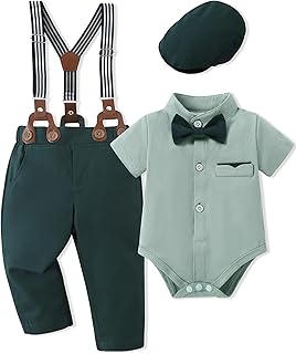 Baby Boy Clothes Suits 3-24M Infant Gentleman Outfits, Short Sleeve Shirt+Bowtie+Beret+Suspender Pants Clothing Set