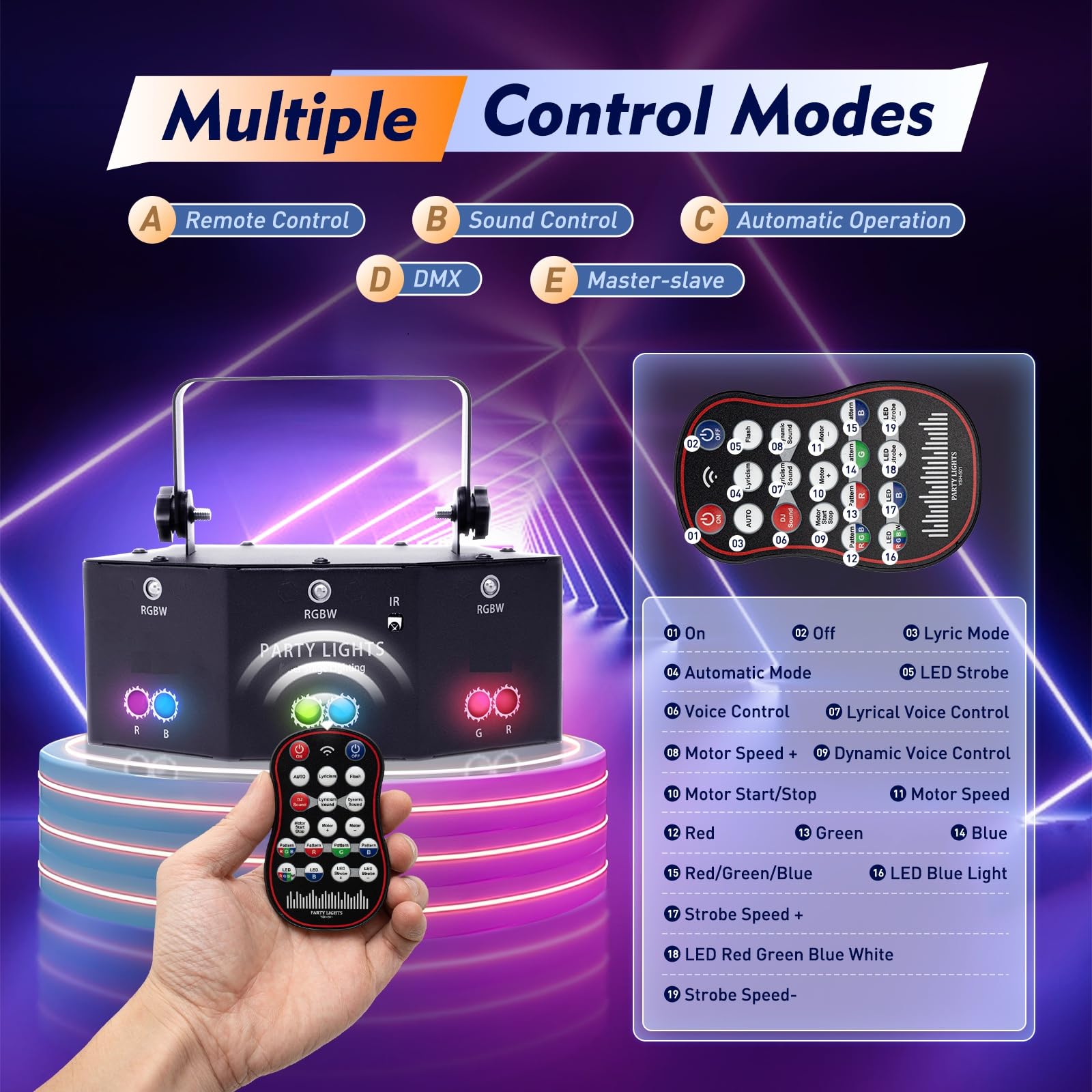 Luz estroboscópica LED DJ con control DMX, mando a distancia para fiestas, DJ, clubes, bares, bodas, festivales, 10 W, LED, 12 patrones de efectos