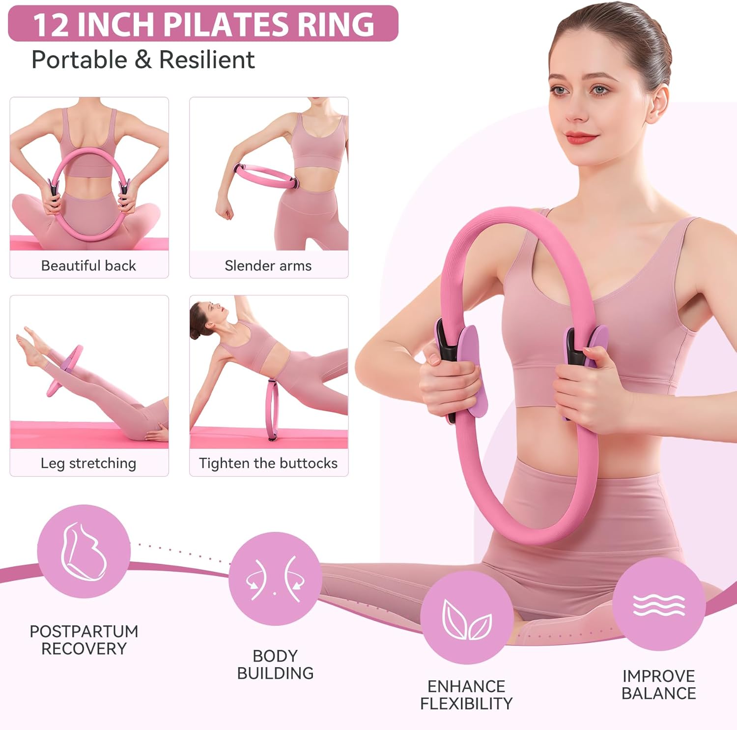 HASHMUST Pilates Ring Kit 12 PCS for Women, Home Workout Equipment with Magic Circle, Mini Exercise Ball, Resistance Bands, Massage Lacrosse, Yoga Strap, Full-Body Fitness Set for Toning & Gift - Image 3