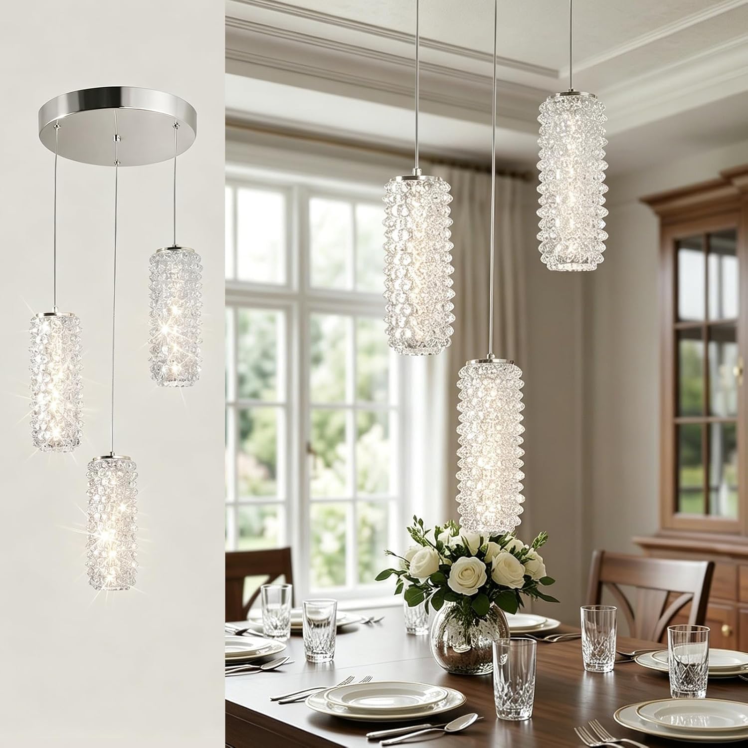 Crystal Pendant Lights for Kitchen Island, Modern Glass Chandelier Lights Fixture, 6000K LED Cold White Hanging Lighting, ETL, Adjustable Height for Dining Room Bedroom (Silver 3-Lights)