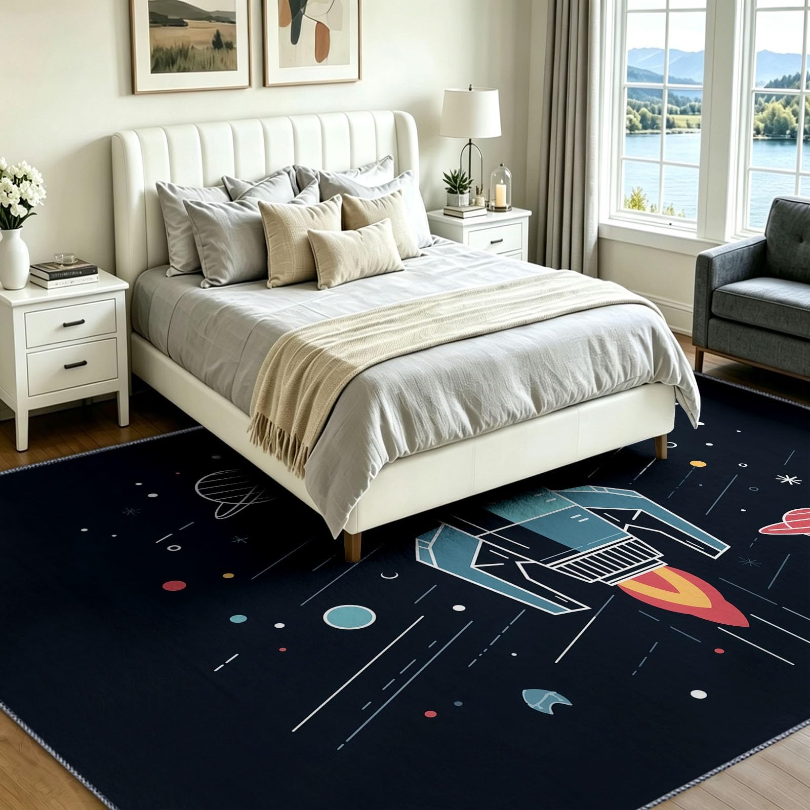 Generisch Alfombra de cohete planetas 160 x 230 cm para salón, dormitorio, comedor, antideslizante, suave pelo corto, dibujos animados, espacio exterior, alfombra negra para fácil limpieza