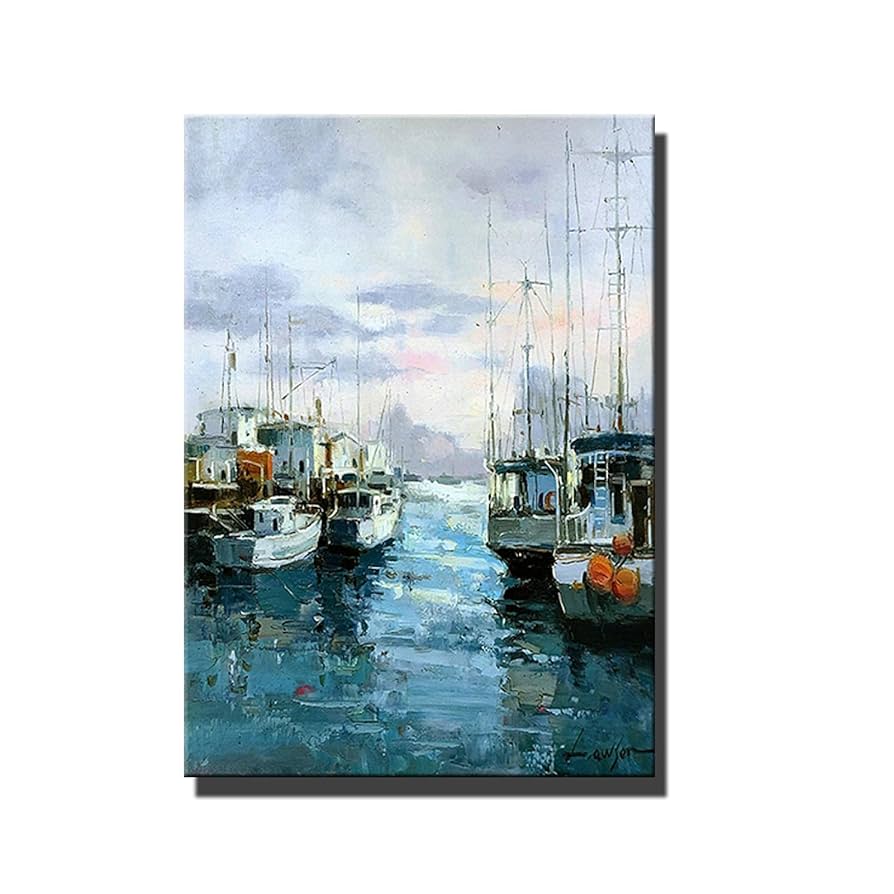 水彩画 F4 額、額装付き　湘南海岸ボートと港の風景　遠くに江ノ島 水彩画 F4 額、額装付き 湘南海岸ボートと港の風景 遠くに江ノ島