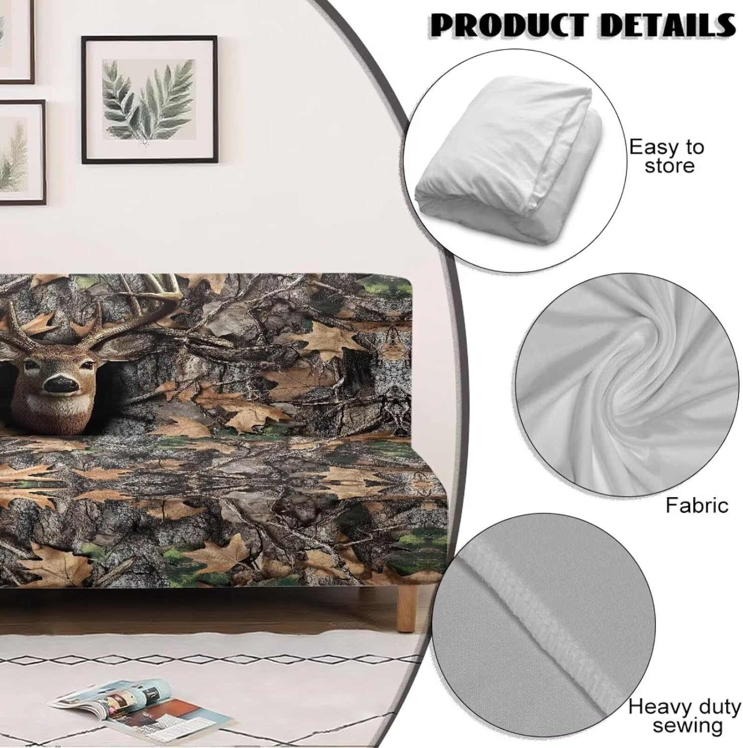 Stretch Futon Slipcover for Armless Sofa Protective Decorative Folding Sofa Bed Cover Stain-Resistant Pet-Friendly Couch Furniture Protector for Pets Dogs, Deer Camo Hunting Forest