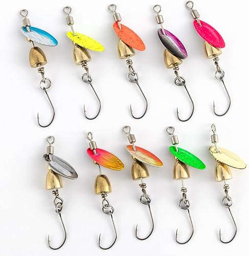 Dr.Fish Paquete de 10 señuelos giratorios de pesca en línea con un solo gancho para trucha, spinnerbait, kits de señuelos Bass Crappie Salmón
