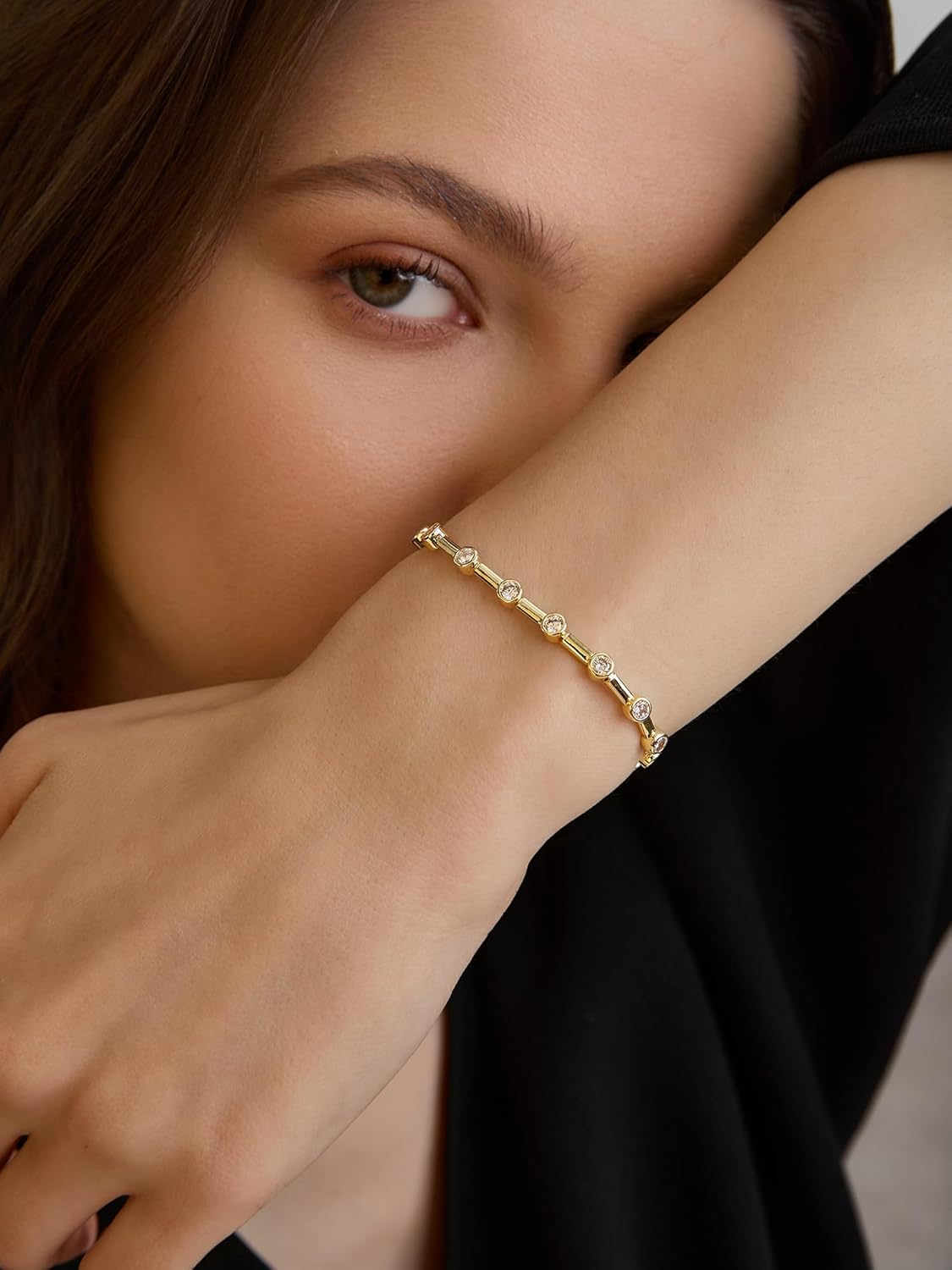 14K Gold Tennis Bracelets for Women - Bezel CZ Bracelet For Women - Simulated Diamonds Princess, Round,Marquise, Pear, Emerald Cut Stones, Valentines Day Wedding Jewelry for Brides
