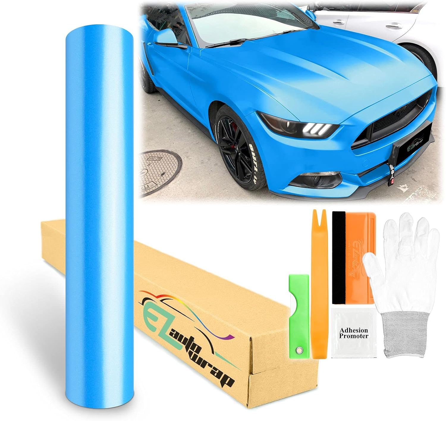 36"x60" (3FTx5FT) Azure Blue Matte Metallic Satin Pearl Vinyl Wrap Sticker Sheet Film Car Auto Vehicle DIY Decal Bubble Free Air Release Self Adhesive Peel and Stick Free Tool Kit