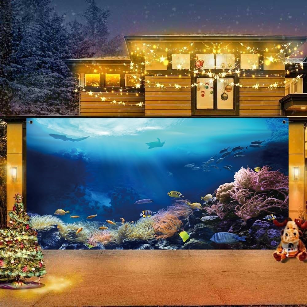 7x16ft Undersea World Garage Door Banner Decorations Deep Sea Ocean Fishes Aquatic Plants Cartoon Theme Garage Door Cover With Grommets Birthday Party Summer Holiday Luau Hula Party Supplies
