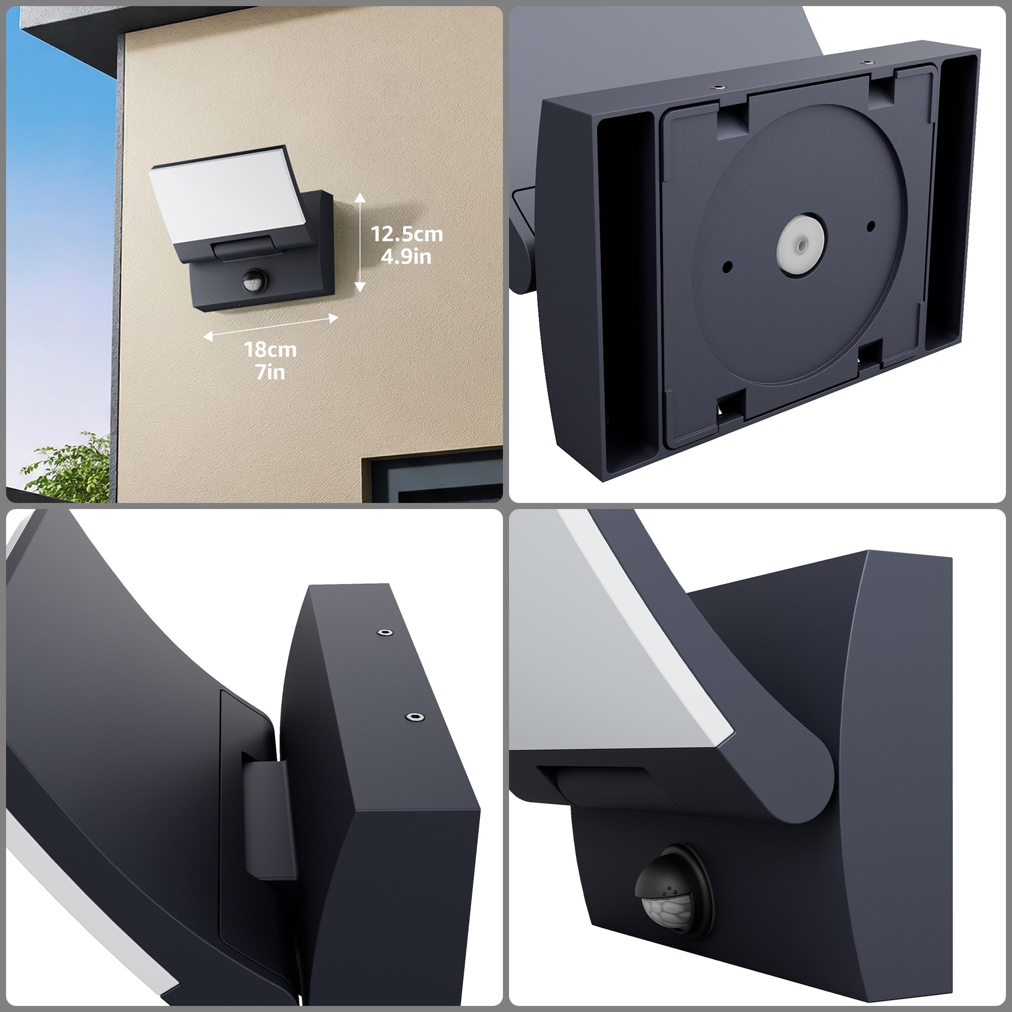 K-Bright 30W Applique da esterno con sensore di movimento,Antracite,4000K | Panel orientabile a 150°, impermeabile IP65, alluminio+PC,2000LM per Esterno/Interno (ingresso, terrazza, giardino)