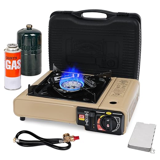 SHINESTAR Dual Fuel Camping Stove with Butane & Propane Compatibility, Portable Stove for Outdoor Cooking, Propane Adapter Hose, Wind Guard and Carrying Case Included (Fuel Not Included)
